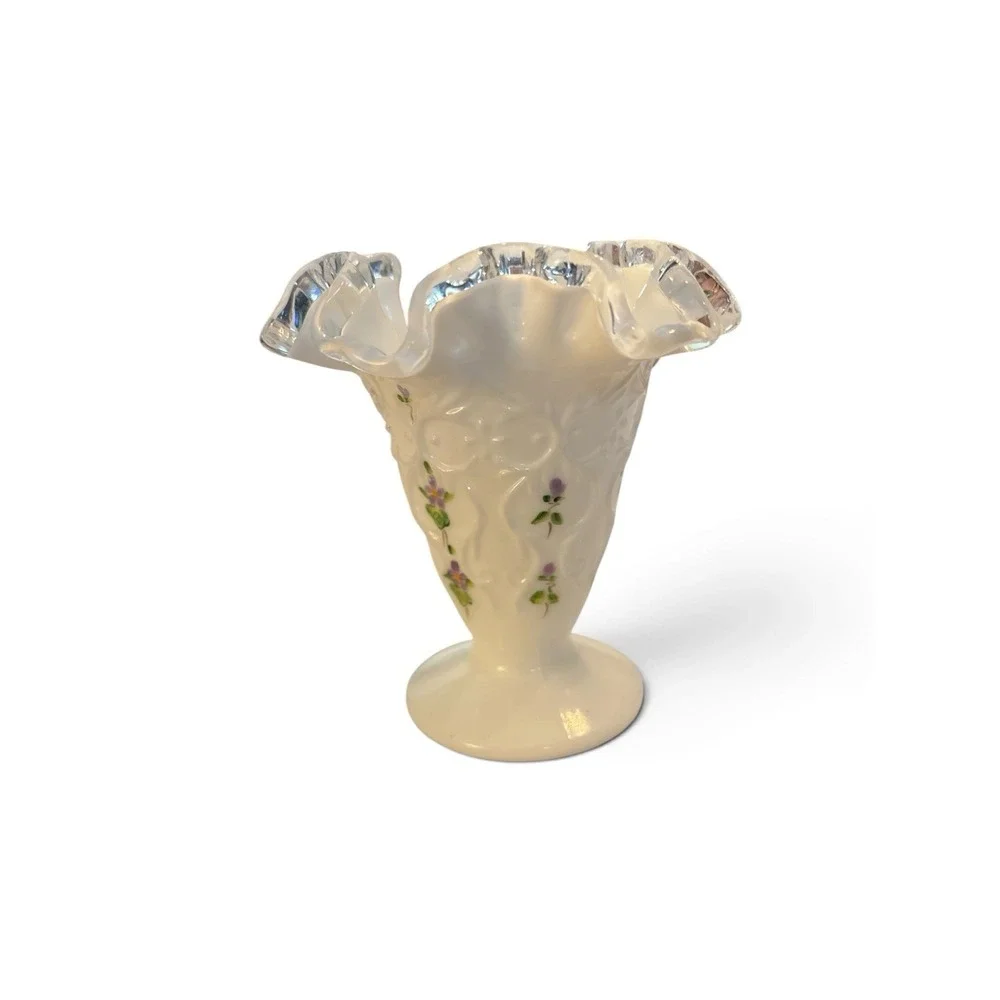 Vintage FENTON Violets Snow Spanish Lace Milk Glass  Vase ~ Signed D Anderson
